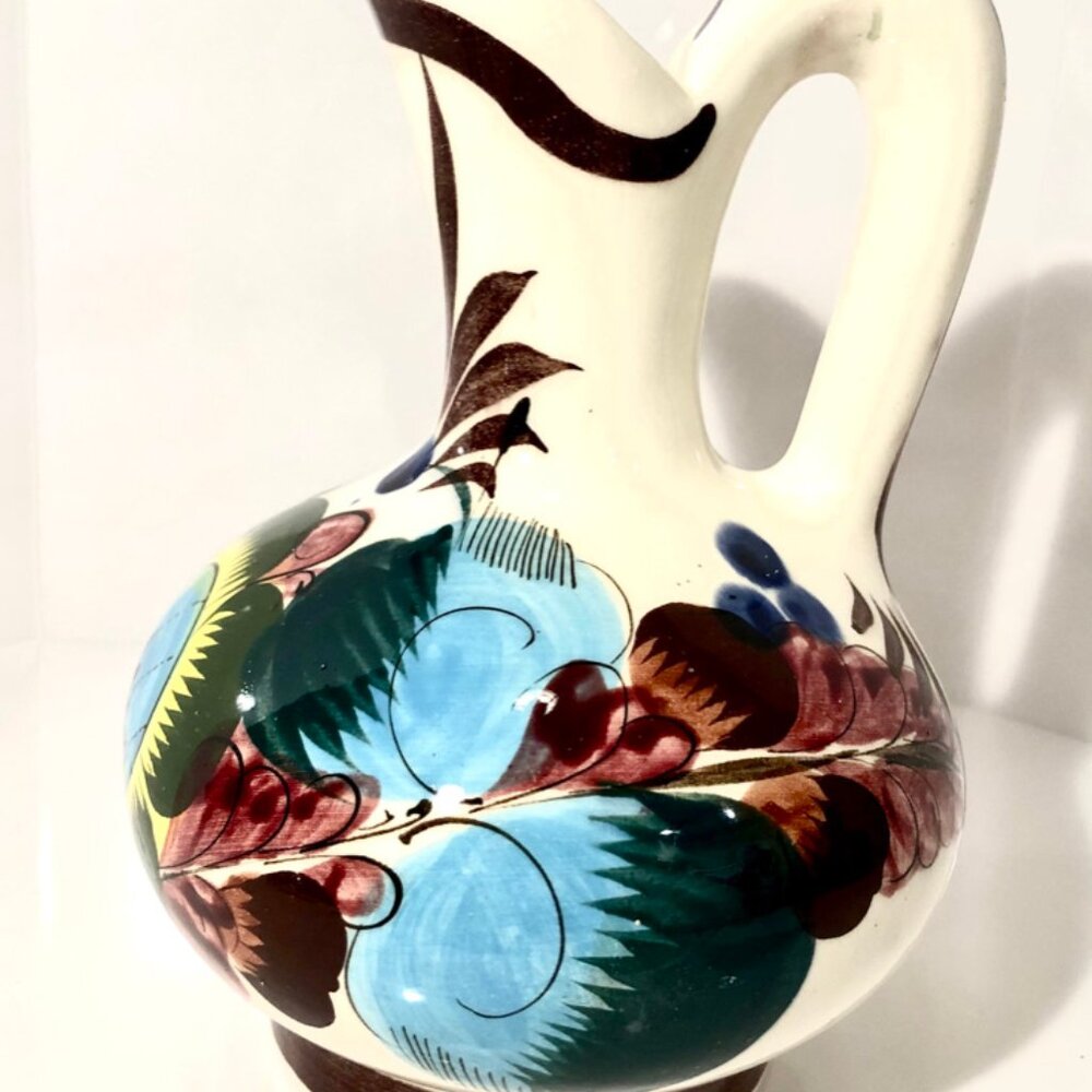 Vintage Mexican Tonala Hand Painted Pitcher. Signed PJ